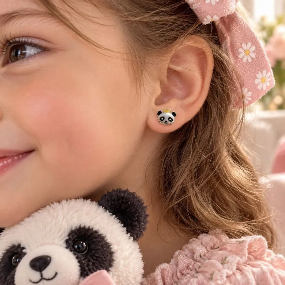 Mini Panda Crown Stud Earrings Silver Tone Cute Kawaii Animal Jewelry Gift